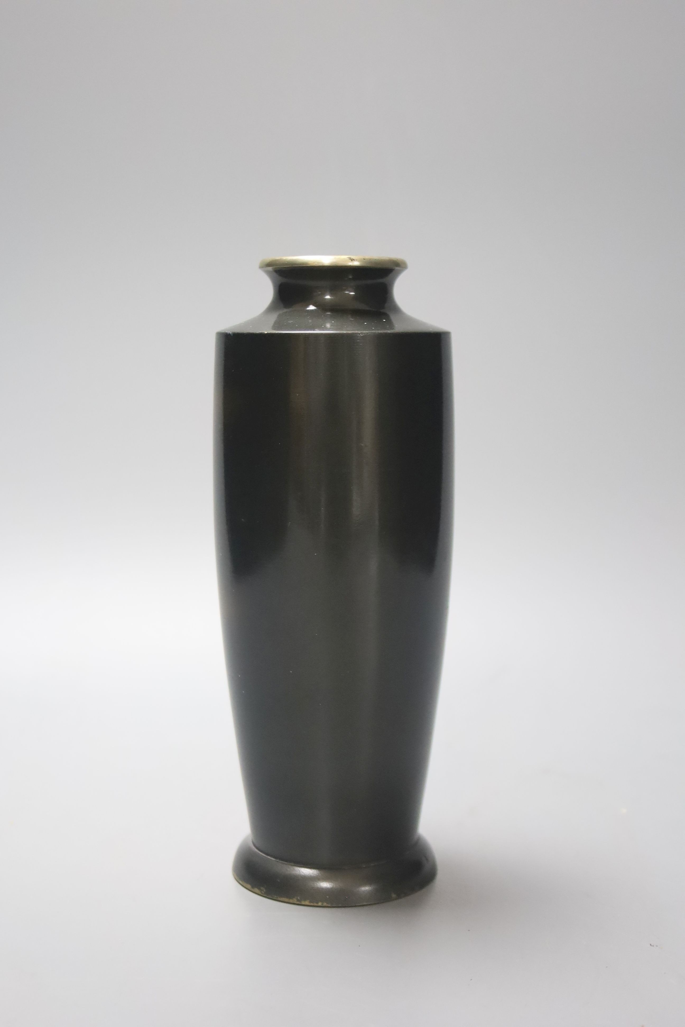 An early 20th century Japanese patinated bronze ‘bamboo’ vase, 18cm, wood stand
